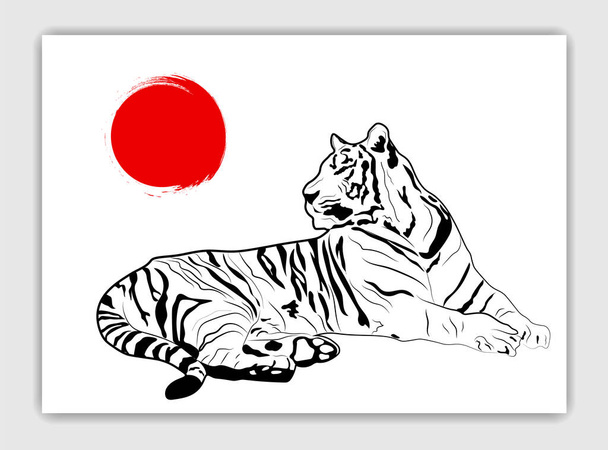 Tigre cinese bugiarda e sole rosso. Scheda orizzontale con un disegno di contorno. Illustrazione vettoriale. - Vettoriali, immagini