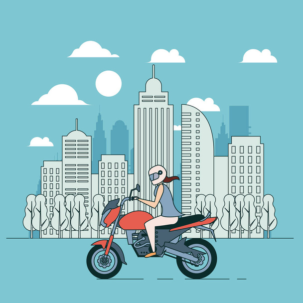 Синій банер, стиль життя, пригодницька жінка на мотоциклі, плоска ілюстрація
 - Вектор, зображення