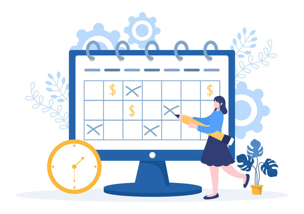 Planificación Programación o Gestión del Tiempo con Calendario Reuniones de Negocios, Actividades y Eventos Organización de Procesos Oficina de Trabajo. Vector de fondo Ilustración - Vector, imagen