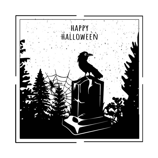 Landschaft für Halloween in einem quadratischen Rahmen. Grabstein, Krähe, Wald, Spinnweben und Spinnen. Vektor. silhouette. eps - Vektor, Bild