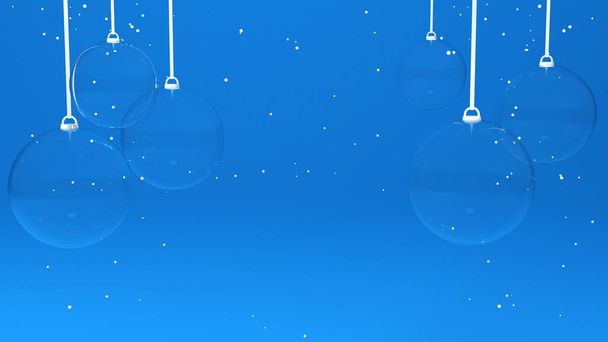Kerstspandoek. Blauwe vakantiebanner met sneeuw en lege glazen ballen. Kerstmis achtergrond sjabloon. 3d illustratie weergeven met kopieerruimte. - Foto, afbeelding