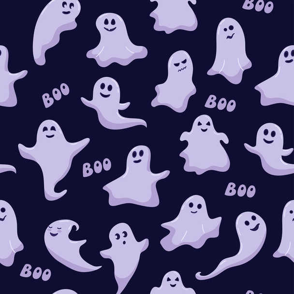 Cute funny happy ghosts seamless vector template . Cartoon childish phantoms with different emotions. Halloween template for print on packaging, paper, fabric or another surface. - Vetor, Imagem