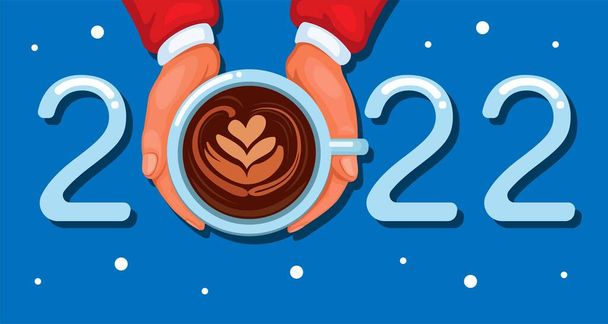 2022 gelukkig nieuwjaar en kerst groet viering met santa hand houden koffie cartoon illustratie vector - Vector, afbeelding