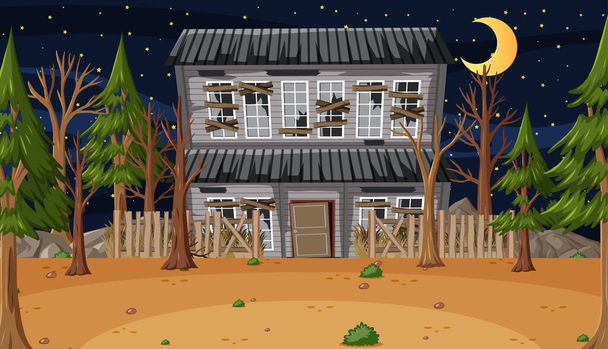 Szene mit verlassenem Haus im dunklen Wald Illustration - Vektor, Bild