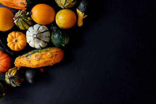 Zucca d'autunno sfondo del Ringraziamento - zucche arancioni sul tavolo nero - Foto, immagini