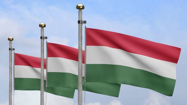 3D, drapeau hongrois agitant sur le vent avec ciel bleu et nuages. Gros plan de la bannière Hongrie soufflant, soie douce et lisse. Texture tissu enseigne fond. - Photo, image