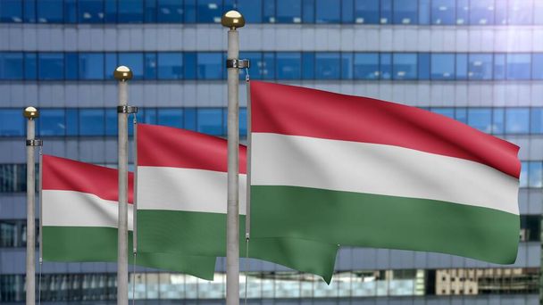 3D, drapeau hongrois agitant le vent avec la ville moderne gratte-ciel. Bannière Hongrie soufflant soie lisse. Texture tissu enseigne fond. Utilisez-le pour la journée nationale et le concept des occasions de pays. - Photo, image