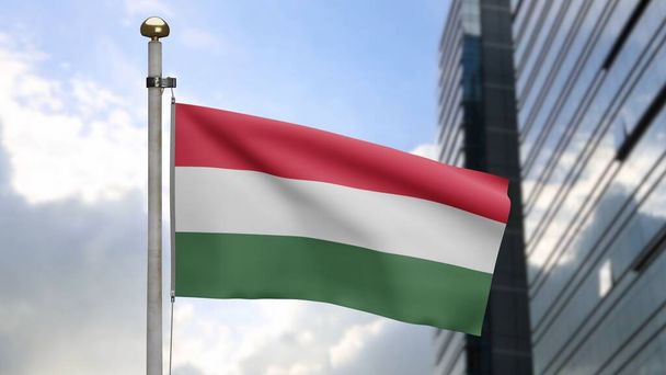 3D, венгерский флаг, размахивающий на ветру с современным небоскребом города. Венгерское знамя раздувает гладкий шелк. Ткань ткани текстура энсин фон. Используйте его для национальных дней и событий в стране концепция. - Фото, изображение