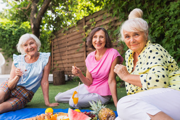 Beautiful senior women relaxing at home in the garden - Three pretty mature ladies rest in a peaceful backyard garden - Foto, immagini