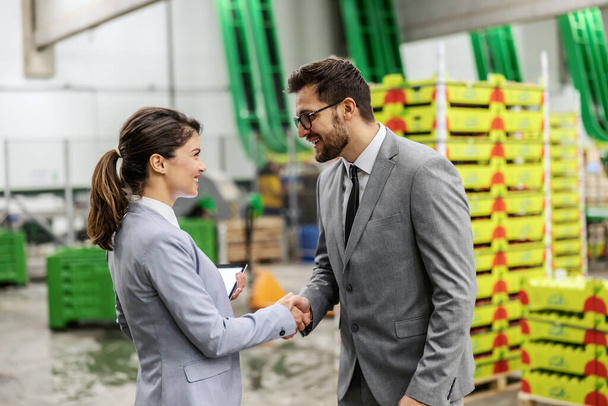 Warehouse business. A man and a woman in a business suit shake hands and conclude a job for transport and logistics. Businesswoman and businessman at work. Successfully completed business - Fotografie, Obrázek