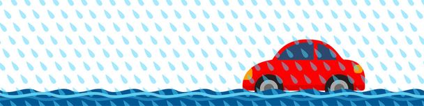 Autofahren bei starkem Regen, Autoüberschwemmung, Autofahren im Wasser, Überschwemmung mit rotem Auto - Vektor, Bild