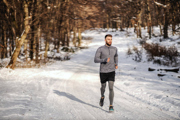 Ajuste deportista corriendo en el bosque en el soleado día de invierno nevado. Fitness al aire libre, ejercicios cardiovasculares, fitness de invierno - Foto, imagen