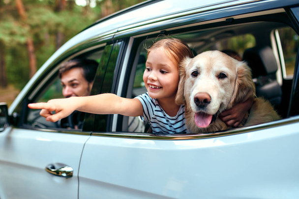 A cute little girl child with her friend dog labrador and parents go to the weekend cheerfully looking out of the car window. Leisure, travel, tourism. - Foto, imagen