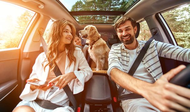 The whole family is driving for the weekend. Mom and Dad with their daughter and a Labrador dog are sitting in the car. Leisure, travel, tourism. - Fotoğraf, Görsel