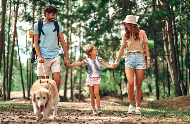 Счастливая семья с рюкзаками и собакой-лабрадором гуляет по лесу. Кемпинг, путешествия, походы. - Фото, изображение
