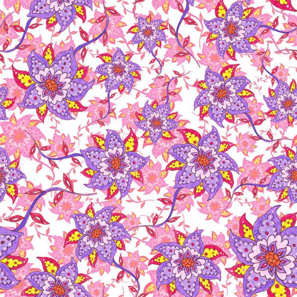 Υδατογραφία αδιάλειπτη μοτίβο με folky λουλούδια και φύλλα σε εθνοτικό στυλ. Floral διακόσμηση. Παραδοσιακό μοτίβο paisley. Texture.Tribal έθνικ vintage αδιάλειπτη μοτίβο. - Φωτογραφία, εικόνα