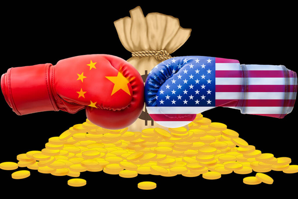 3D-kuva Yhdysvaltojen ja Kiinan liput kasa kultakolikoita tausta, meille Kiina kauppasota käsite. - Valokuva, kuva