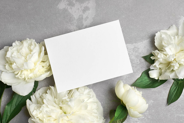 Greeting or invitation card mockup with empty space and white peony flowers on grey background - Photo, image