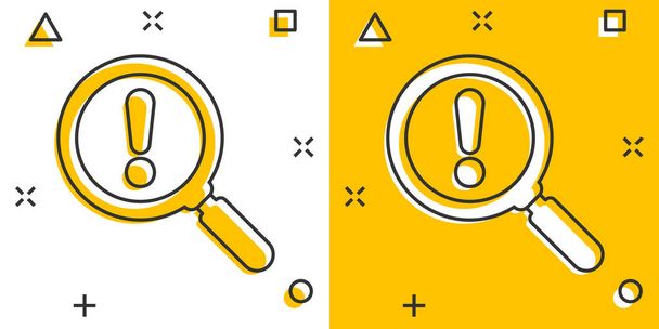 Risk analysis icon in comic style. Exclamation magnifier cartoon vector illustration on white isolated background. Attention splash effect business concept. - Vector, Image