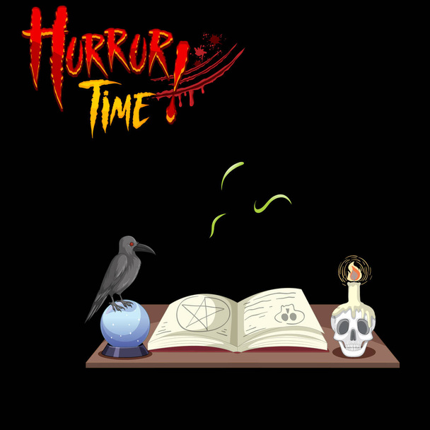 Horror Time fuente con libro mágico en la ilustración de la mesa - Vector, imagen