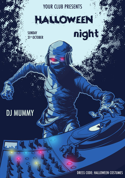 DJ Momia Azul oscuro fiesta de Halloween volante plantilla - Vector, Imagen