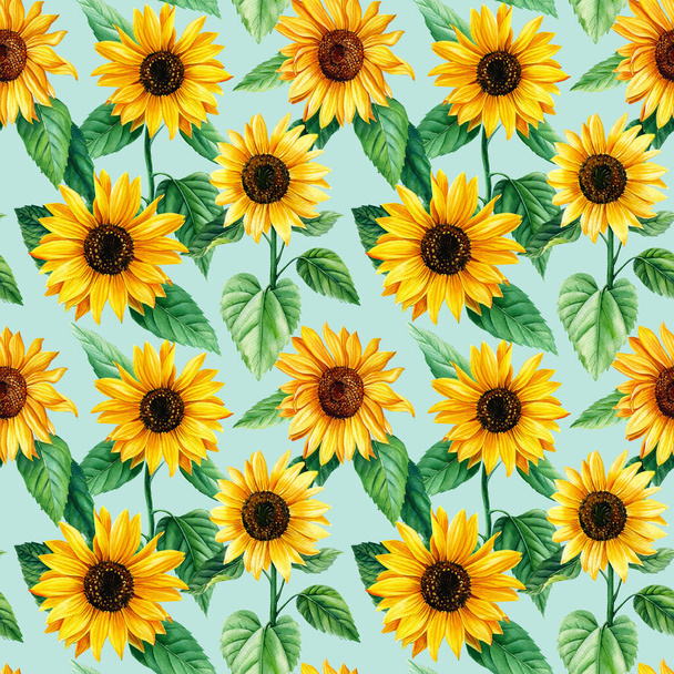 Watercolor sunflowers. Seamless pattern with flowers. Hand drawn illustration for wrapping paper, textile printing. - Foto, imagen