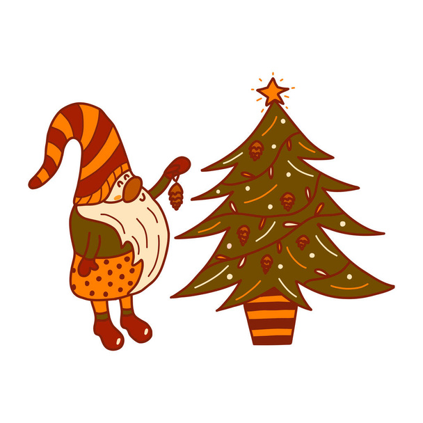 Милый маленький рождественский гном стоит рядом с ёлкой и вешает сосновую игрушку. Цветные векторные иллюстрации нарисованы изолированной рукой. С Новым годом и Рождеством! - Вектор,изображение
