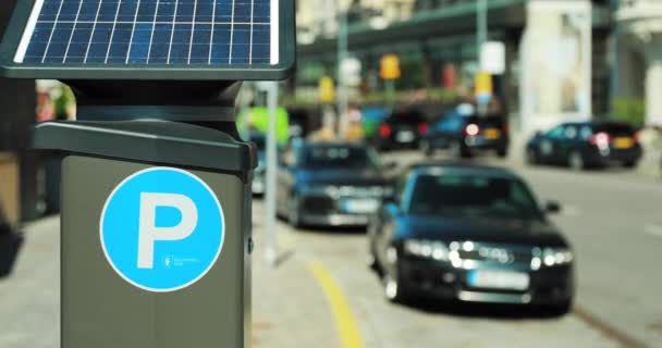 Stockholm, Sweden. Parking Machine Equipped With A Solar Battery For Recharging From Solar Energy Light. Electronic Payment That Issues A Permit To Parking Car - Footage, Video