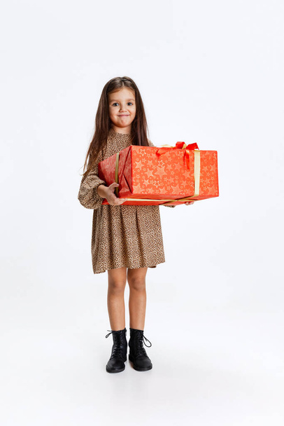 Portrat of beautiful little girl weraing holiday dress standing with huge gift, present box isolated on white studio background - Foto, Bild