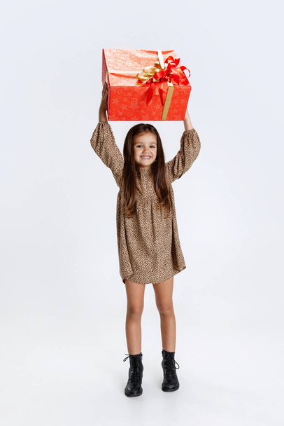 Portrat of beautiful little girl weraing holiday dress standing with huge gift, present box isolated on white studio background - Foto, immagini