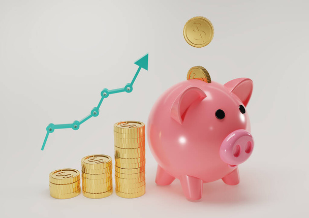 Pink piggy bank and falling gold coins with growth graph. Saving  investment finance, banking concept. Growth, income, savings, investment. Symbol of wealth. Business success. 3d rendering - Photo, Image