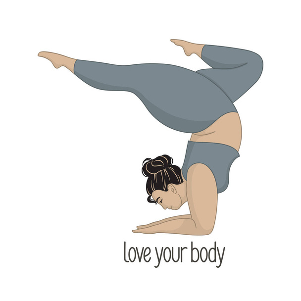 Plus size woman doing forearm stand. Body positivity, Yoga and sport for everybody, Love your body concept - Vektör, Görsel