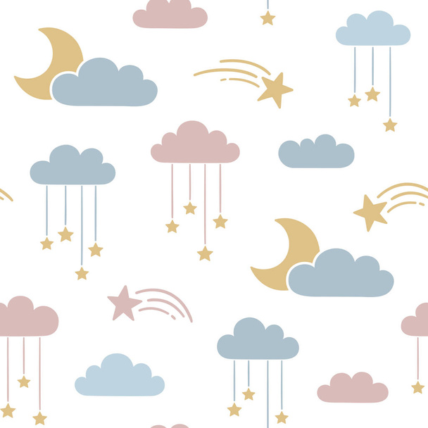 Dreamy and cute seamless pattern with moon, stars and clouds - Vektori, kuva