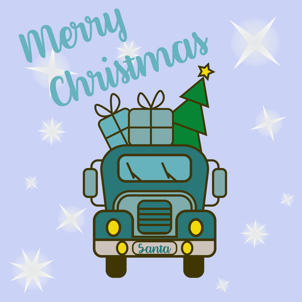 Babbo Natale porta sui suoi regali di auto blu e albero di Natale - Vettoriali, immagini