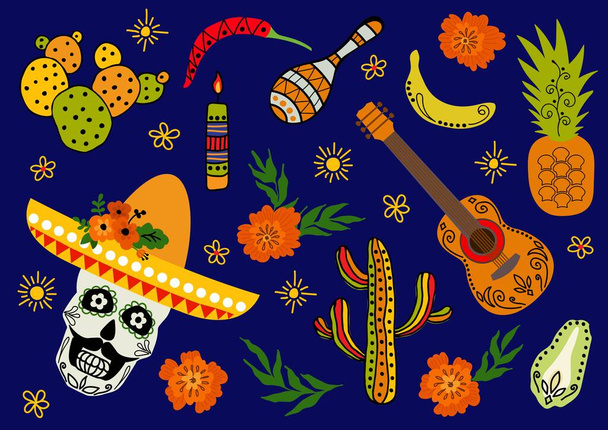 Handgetekende set voor de vakantie Dia De Los Muertos. Vectorillustratie. - Vector, afbeelding