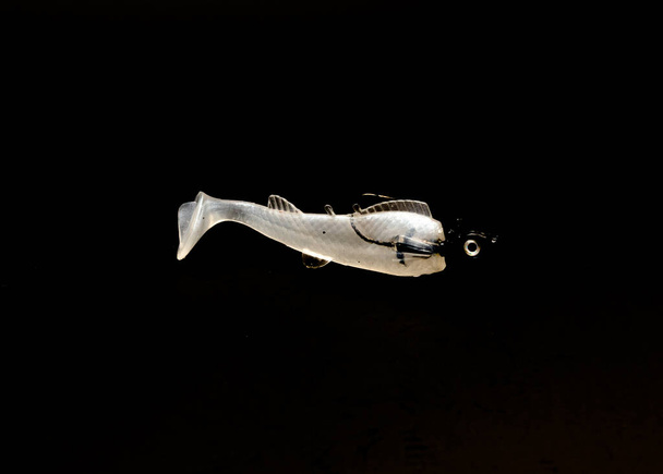Rodada ponderado gabarito cabeça gancho com plástico minnow isca isolado no fundo preto. Walleye gancho para baixo peixe pesca enfrentar - Foto, Imagem