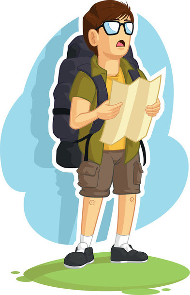 Backpacker Junge liest Straßenkarte - Vektor, Bild