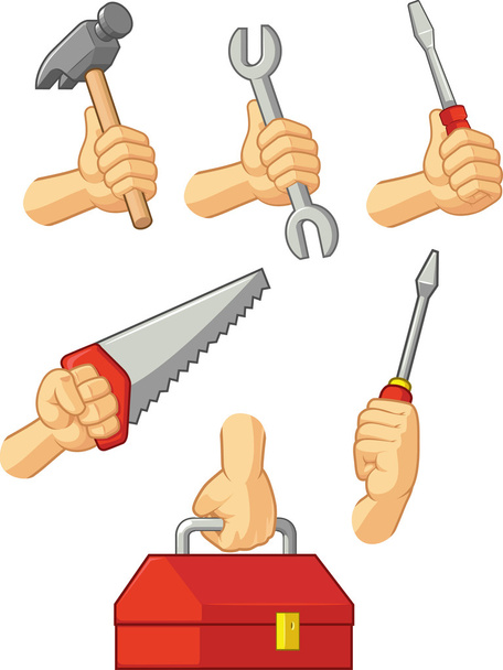 ruce držící, kladivo, šroubovák, klíč, pila & nástroj box - Vektor, obrázek