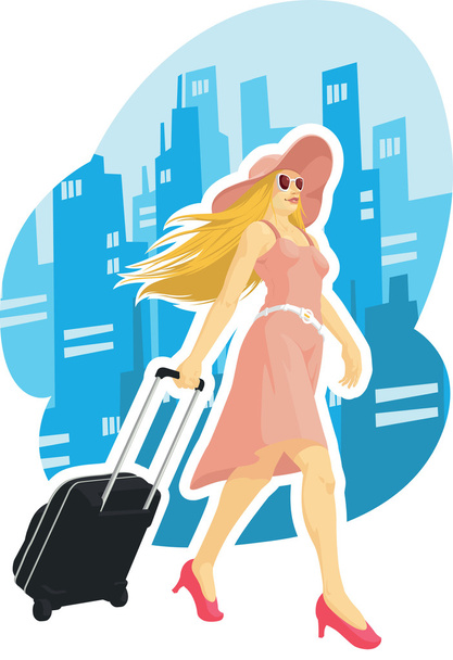 Femme touriste voyageant avec fond de ville
 - Vecteur, image