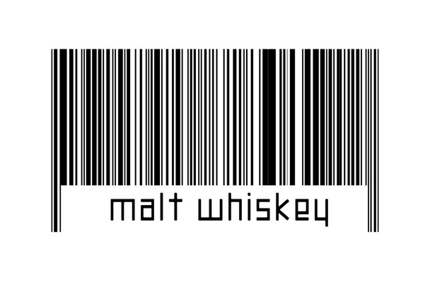 Kod kreskowy na białym tle z napisem słodowa whisky poniżej. Pojęcie handlu i globalizacji - Zdjęcie, obraz