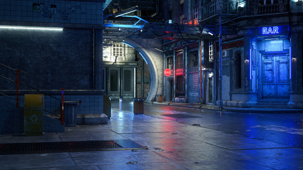 3D illusztráció egy sötét futurisztikus városi utcai jelenetről éjszaka egy lepukkant cyberpunk városban. - Fotó, kép