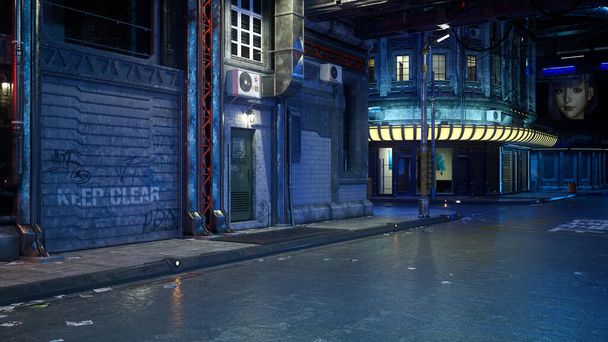 3D illusztráció egy sötét magány cyberpunk city street egy dystopian jövőben éjjel. - Fotó, kép