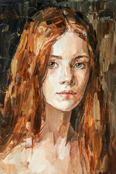 Peinture à l'huile. Portrait d'une fille rousse. - Photo, image
