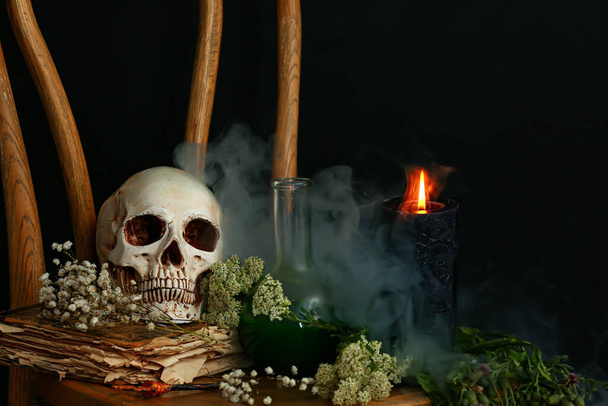 Grimoire de sorcière, bougie, crâne et ingrédients pour potion sur fond sombre - Photo, image
