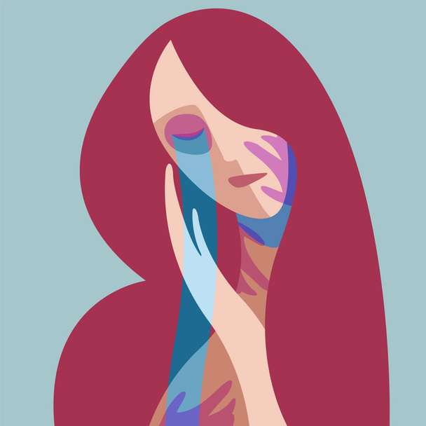vector social illustration on the theme of domestic violence against women. a crying woman with traces of beating, a black eye and palm blow marks on her face and body. victim of domestic violence. - Vektör, Görsel