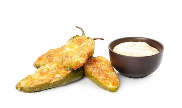 Delicious jalapeno poppers and sauce on white background - Photo, Image