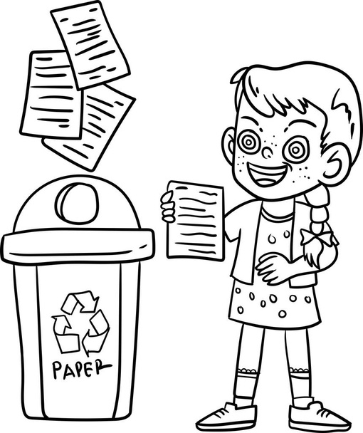 Kleines Mädchen wirft unbenutztes Papier zum Recyceln in den Papierkorb (Malbuch für Kinder)) - Foto, Bild