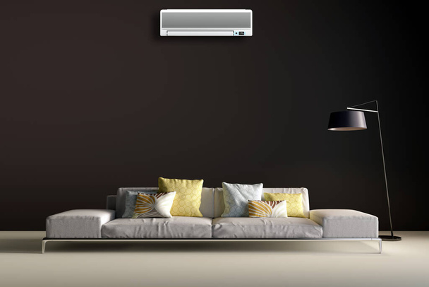 grote luxe moderne lichte interieurs woonkamer met airconditioning mockup illustratie 3d rendering - Foto, afbeelding