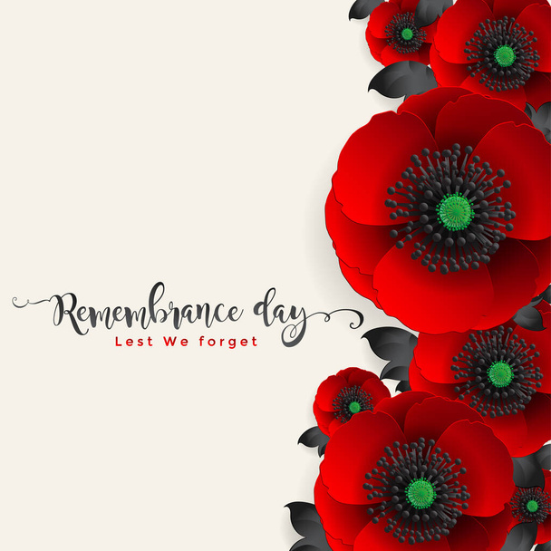 Remembrance day lest we forget. realistic red poppy flower international symbol of peace with paper cut art and craft style on color background. - Vector, Image