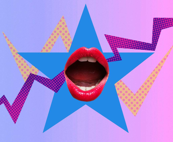 Contemporary art collage, modern design. Composition with female opened mouth - Φωτογραφία, εικόνα